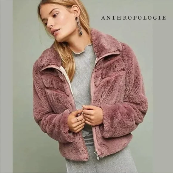 Anthropologie Faux Fur Jacket Teddy Bomber Mauve Dusty Rose - Picture 14 of 15